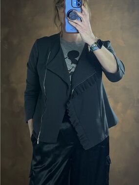 LOFT Charcoal Gray Ruffle Zip-Front Blazer